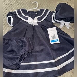 BRAND NEW! 3 piece Baby Dress with hat and under bottoms. 24 months